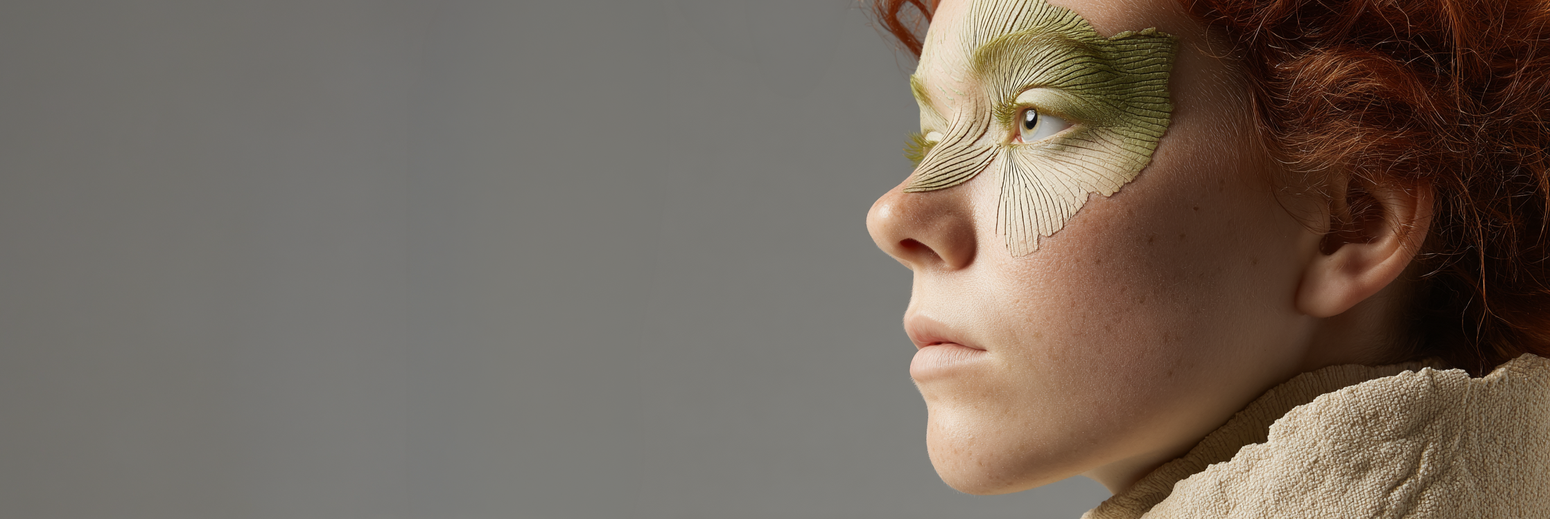 Portrait framed by sculptural pleated forms in cream and soft green