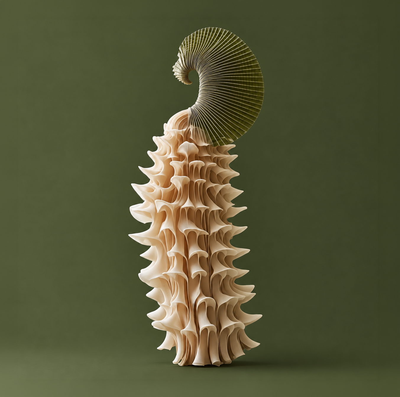 Tall cream and olive organic sculptural form with repeating folded layers