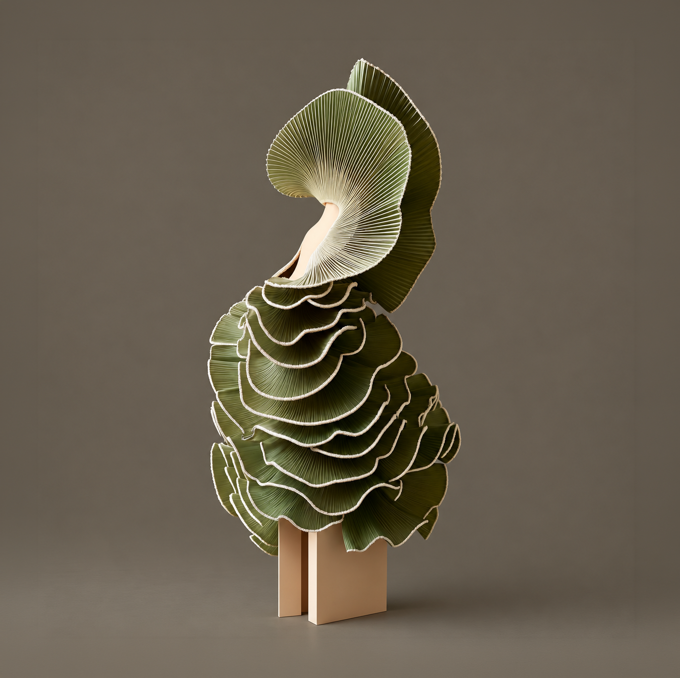 Layered olive green organic sculpture with fine pleated edges