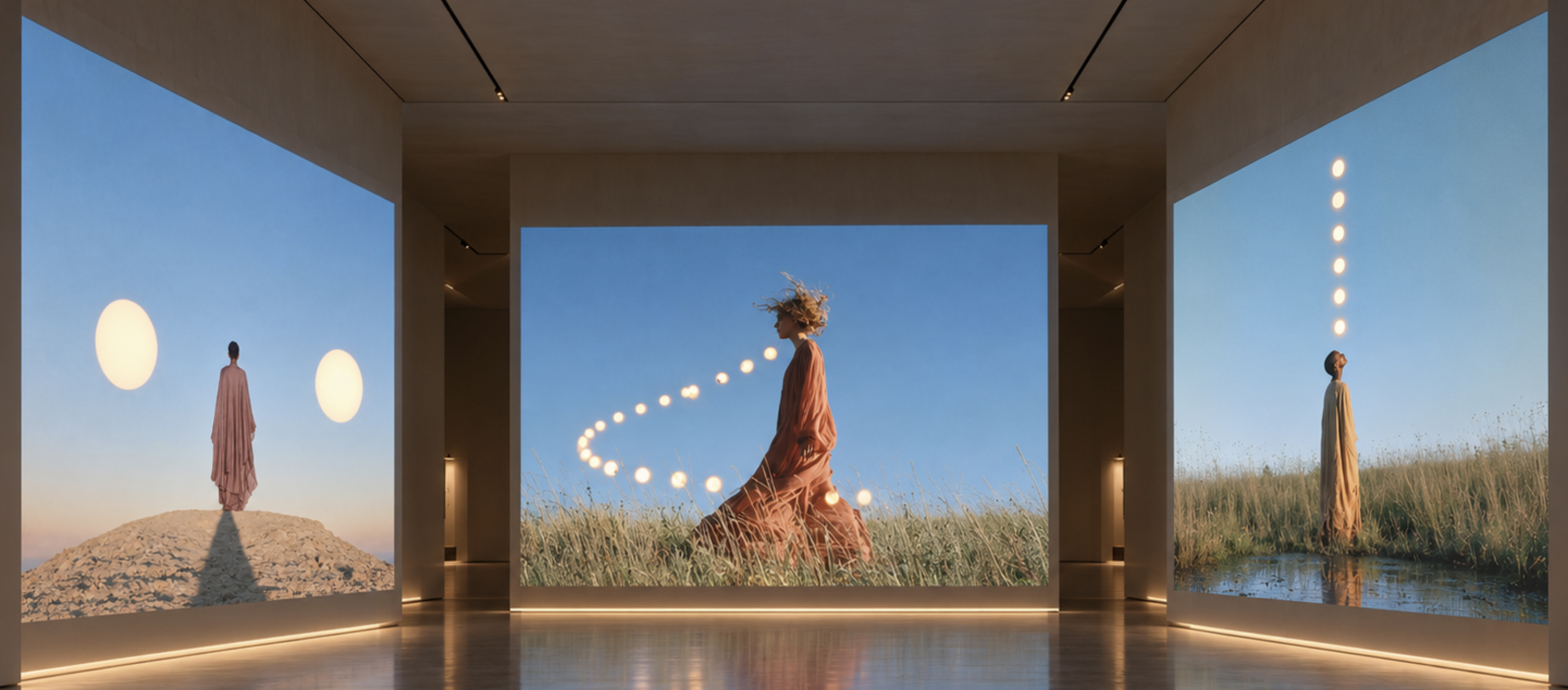 Gallery visualization: three large wall projections showing a figure and luminous points in natural landscapes