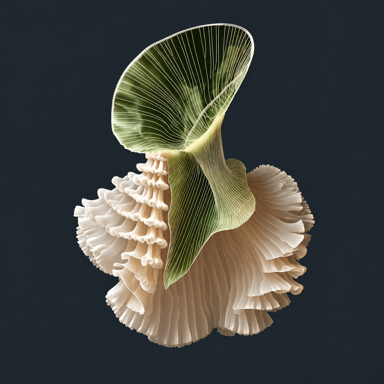 Organic sculptural form in olive green and cream with translucent folded structures