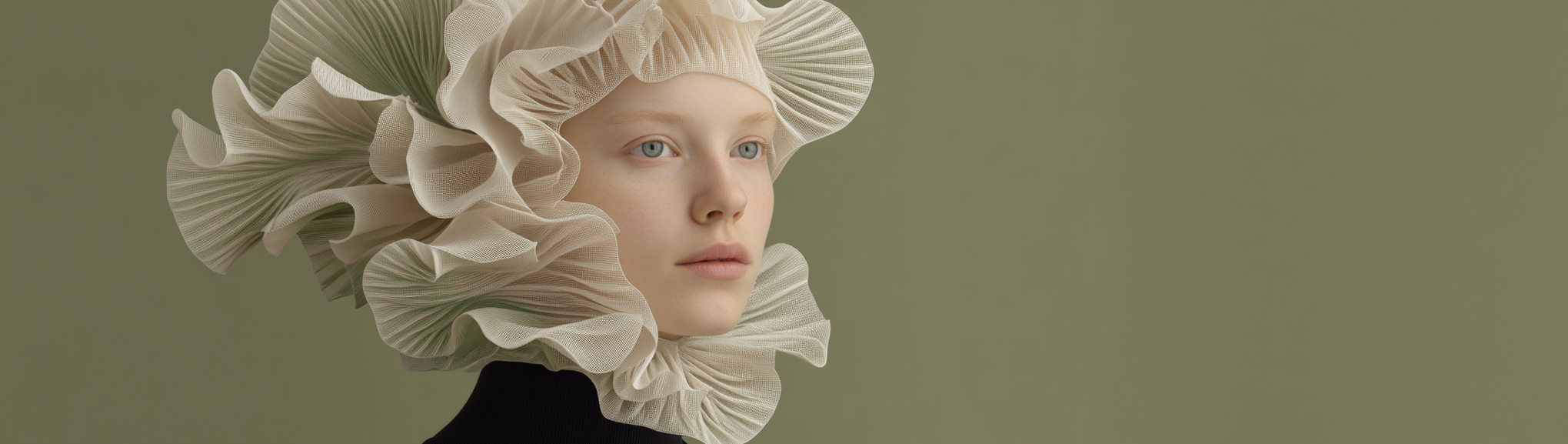 Close portrait with an organic green and cream form extending across the face