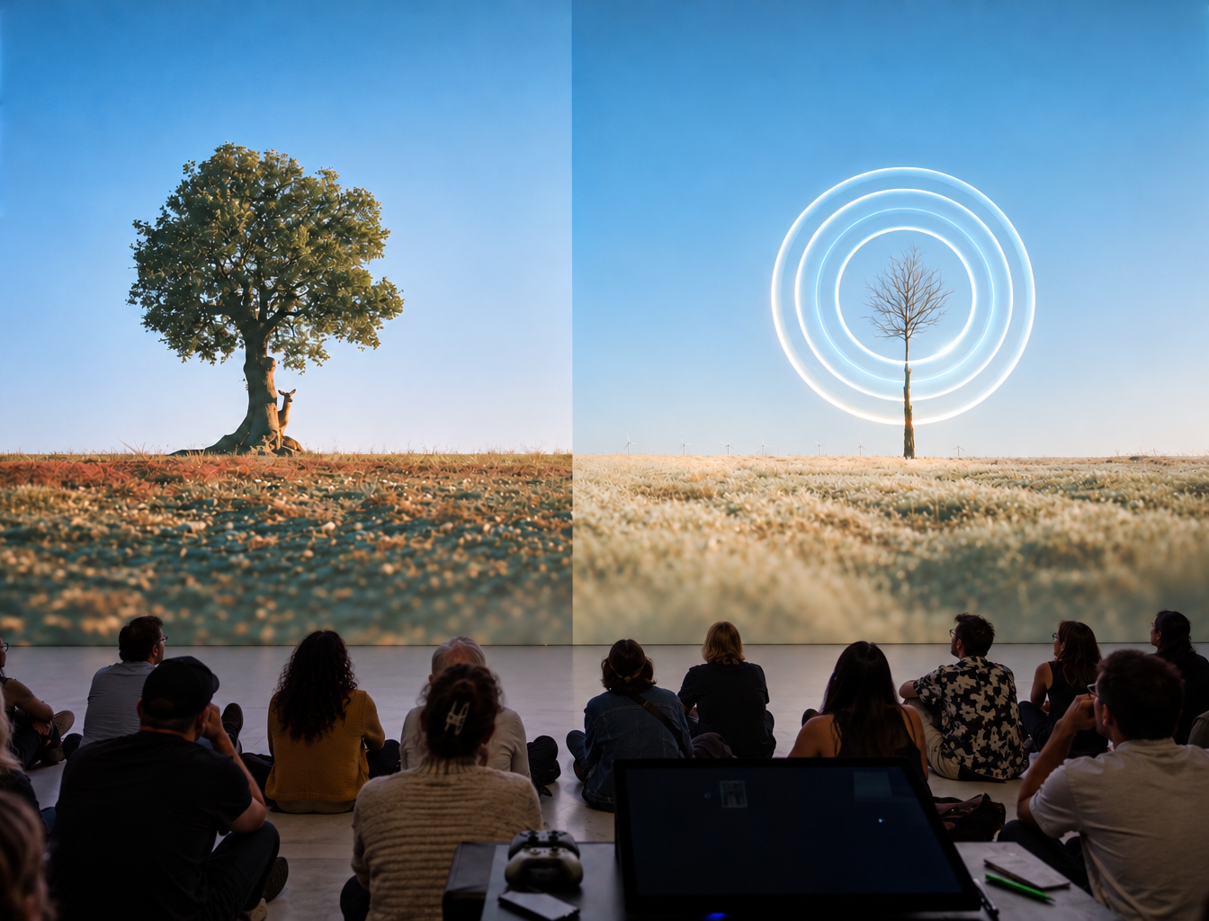 Gallery visualization of Light takes form: a seated audience facing a projected diptych of trees and rings of light