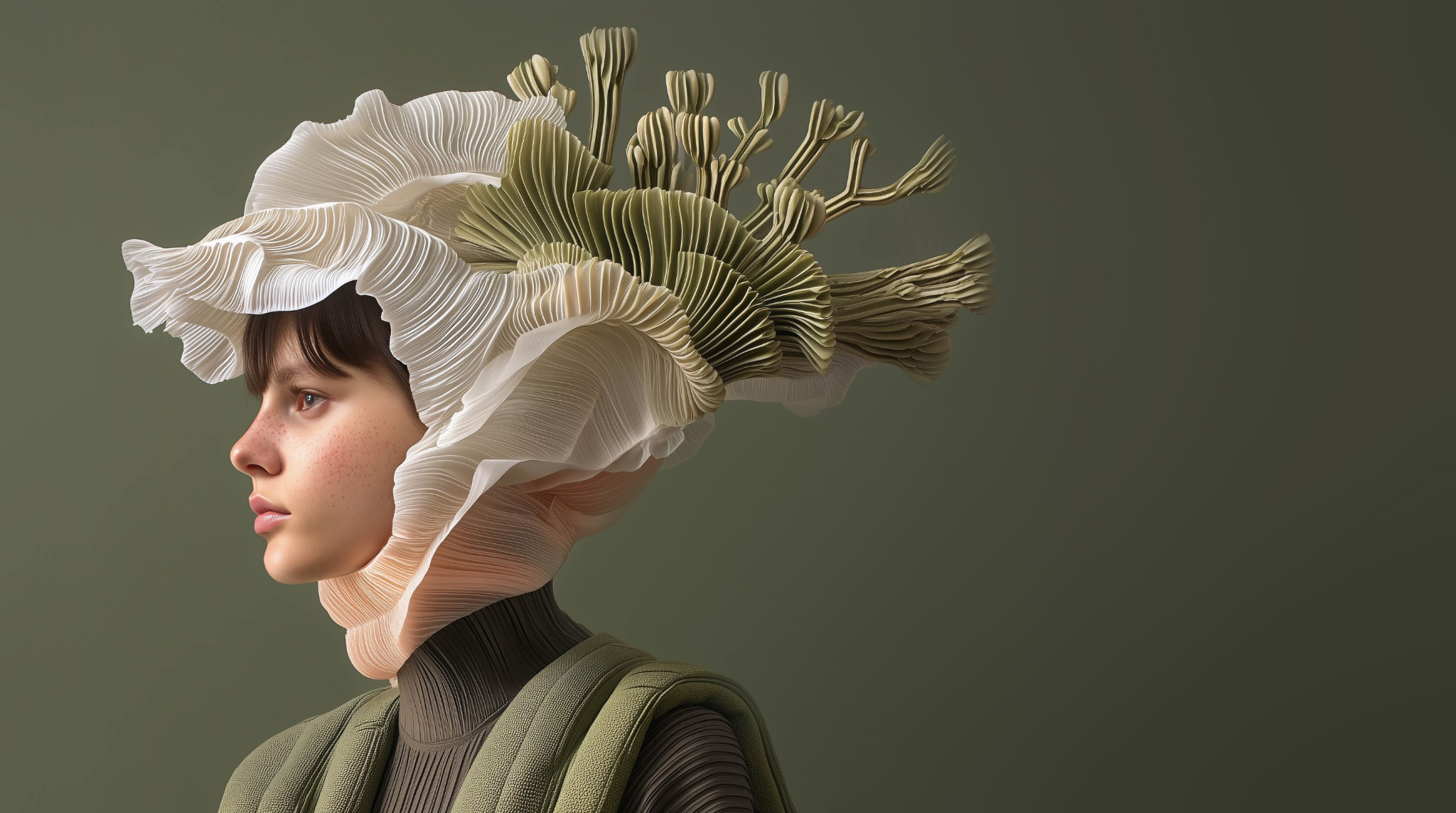 Editorial side-profile portrait with an oversized pleated botanical headpiece