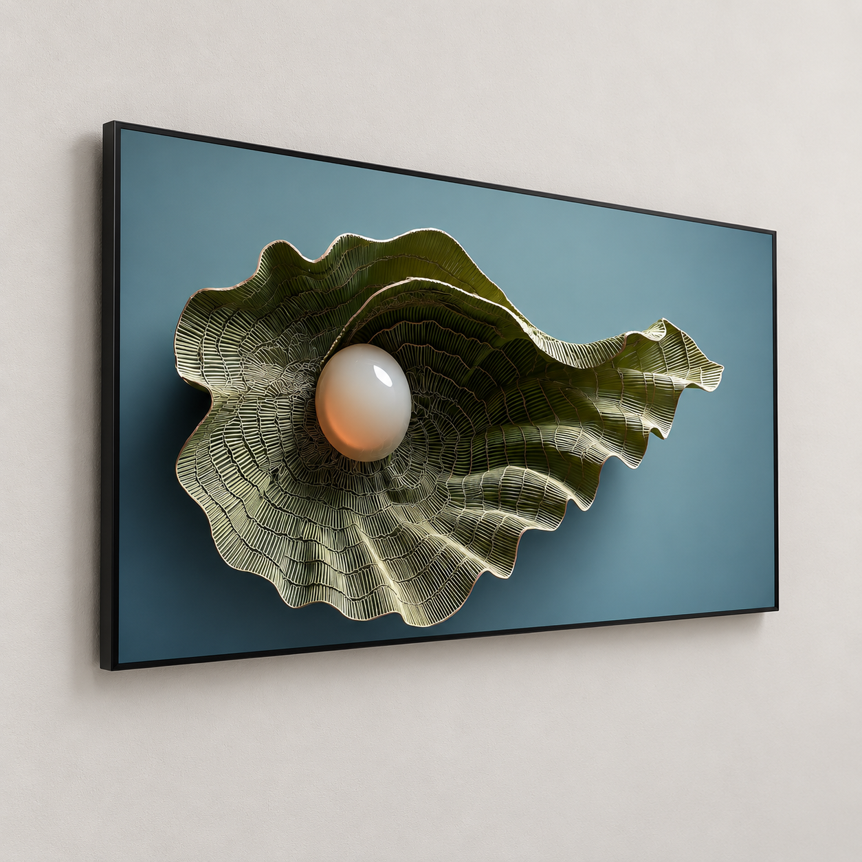 Installation mockup of The pearl on a wall-mounted screen, viewed from the side.