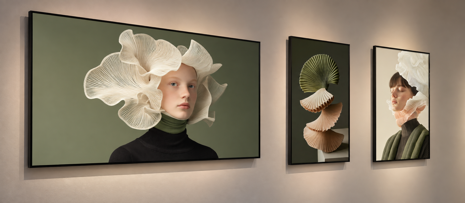 Gallery mockup of The pearl: three wall-mounted digital screens viewed from the side, displaying two portraits and an organic sculpture.