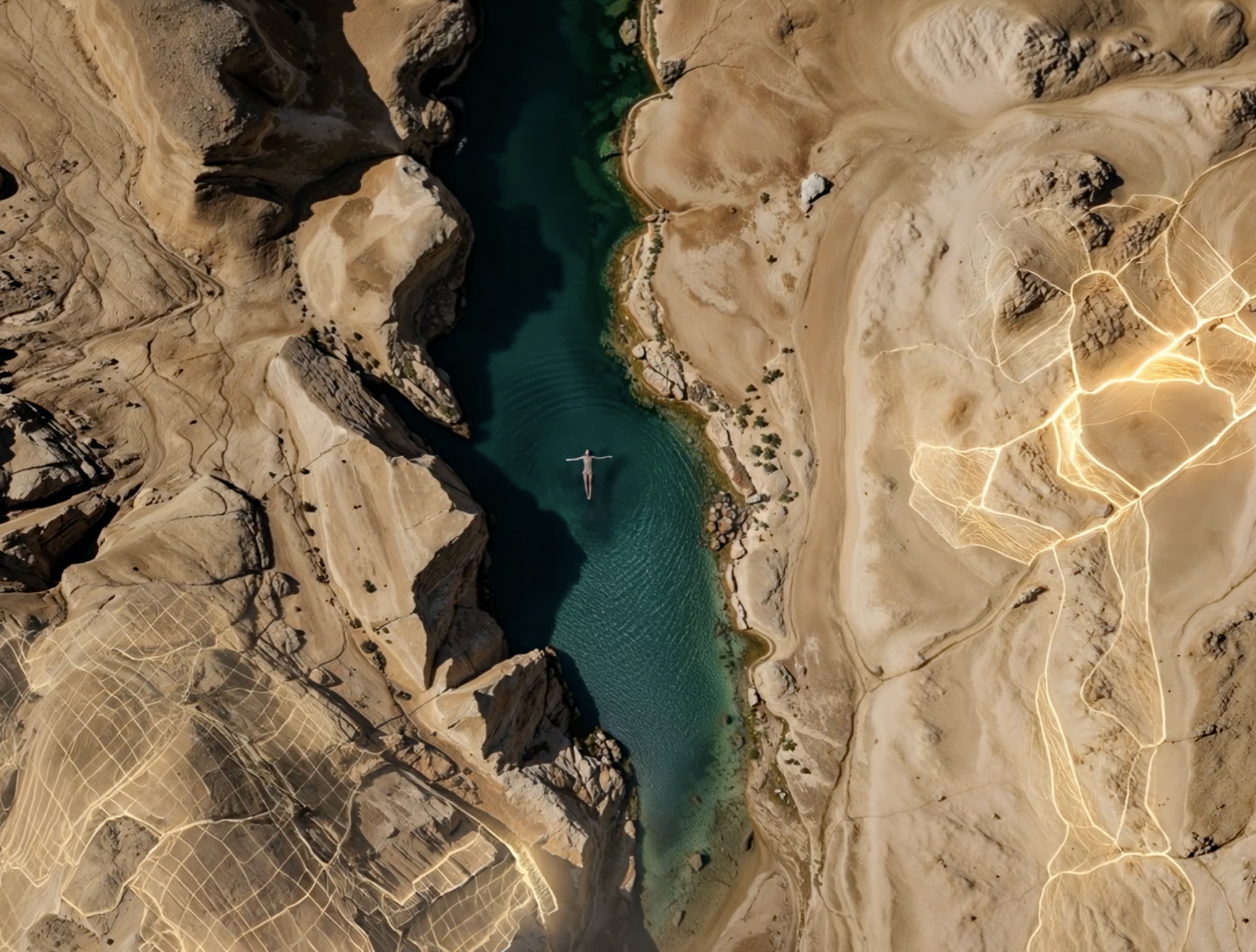 Aerial landscape with a glowing geometric network over sandstone and water