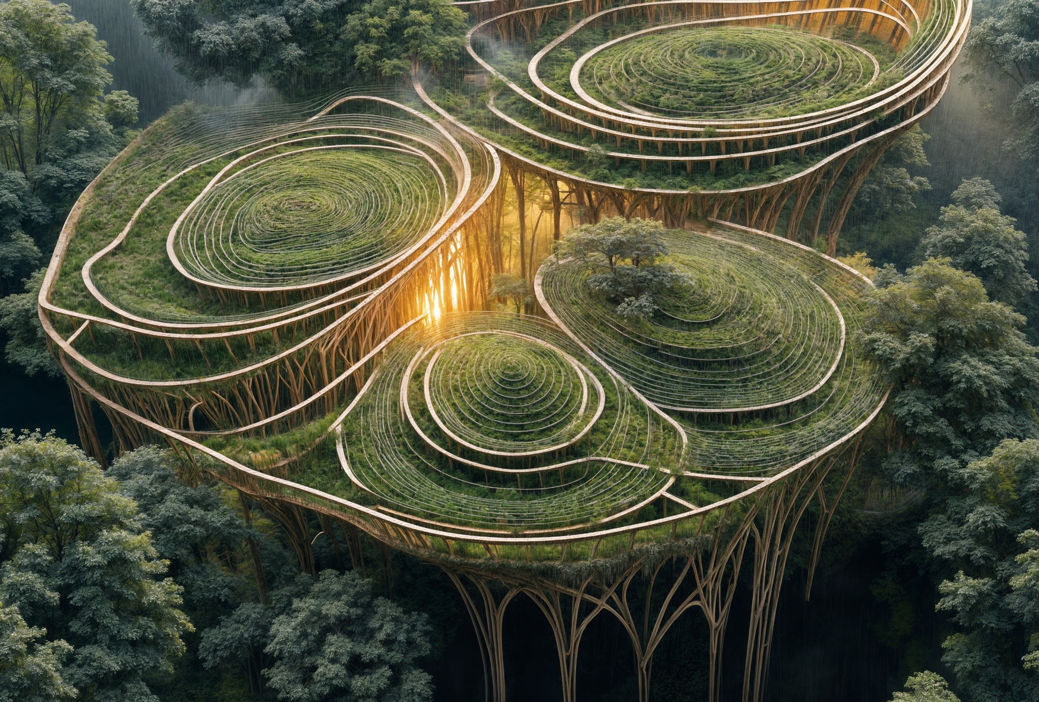 Forest architecture formed by interconnected organic circular structures