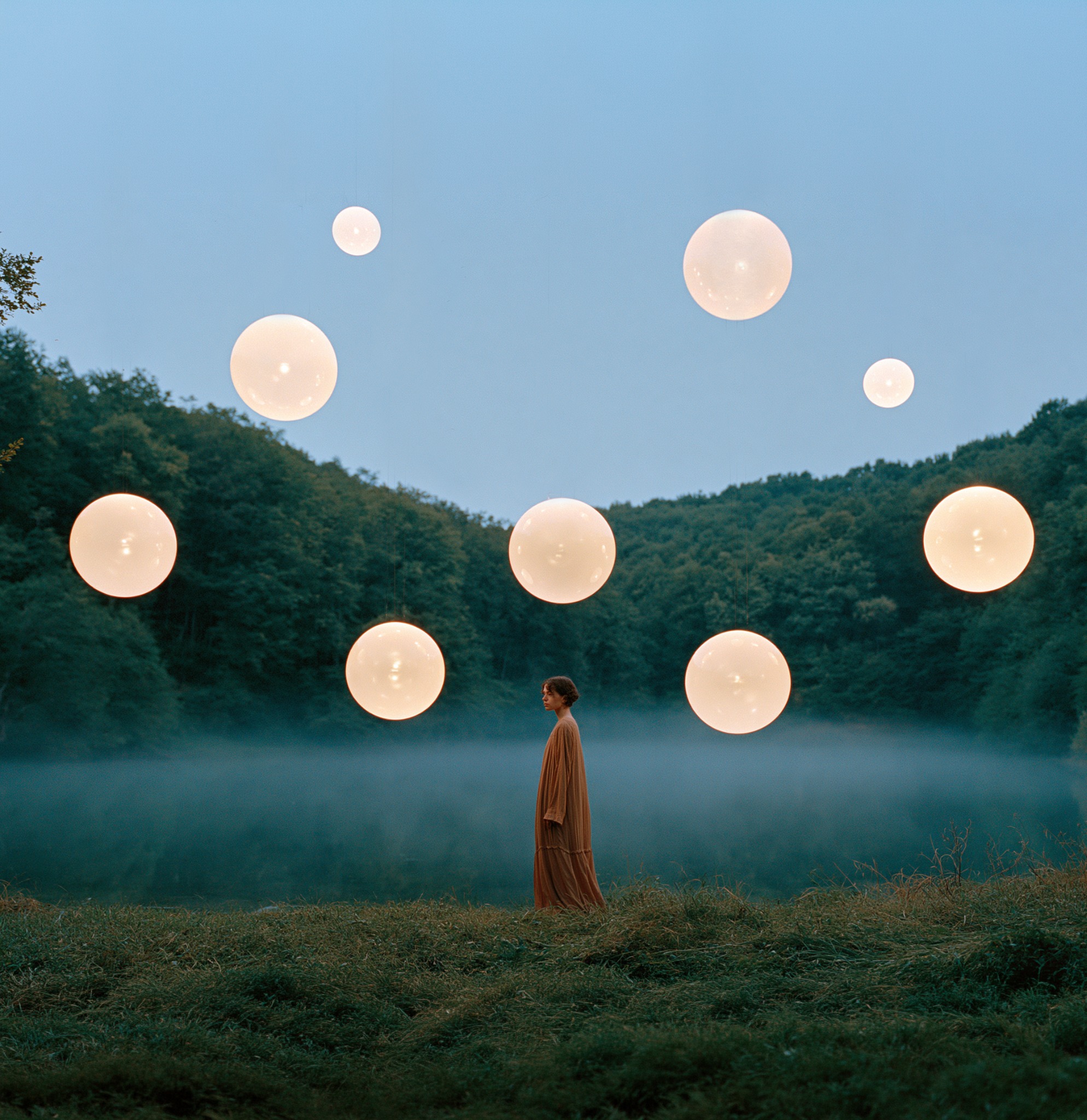 Woman in a natural landscape surrounded by floating spheres of warm light