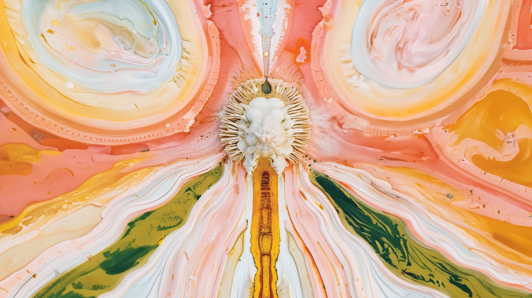 Abstract organic seed form in coral, cream, yellow and green