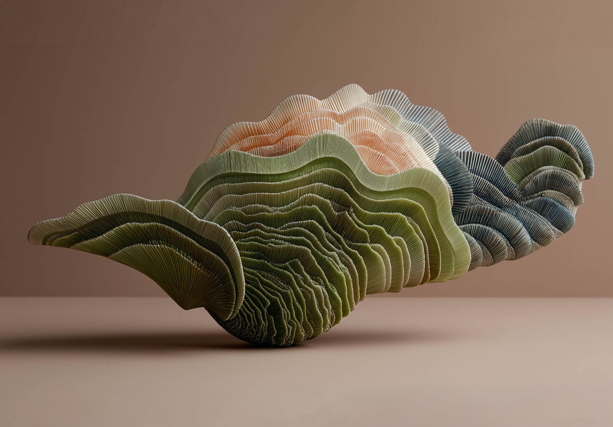 Layered pearl-like organic form in olive, cream, charcoal and soft terracotta
