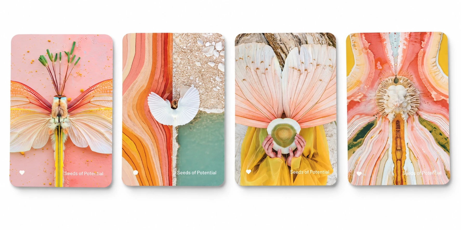 Four Seeds of Potential cards featuring butterfly forms, organic landscapes and botanical figures