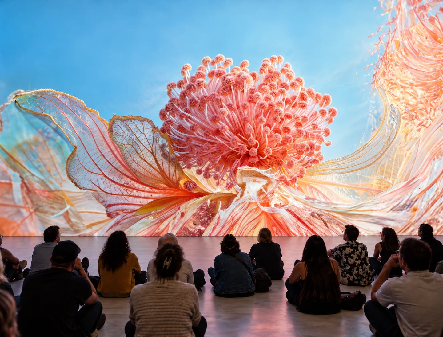 Exhibition mockup showing visitors seated in front of Seeds of Potential, a large coral-pink botanical projection