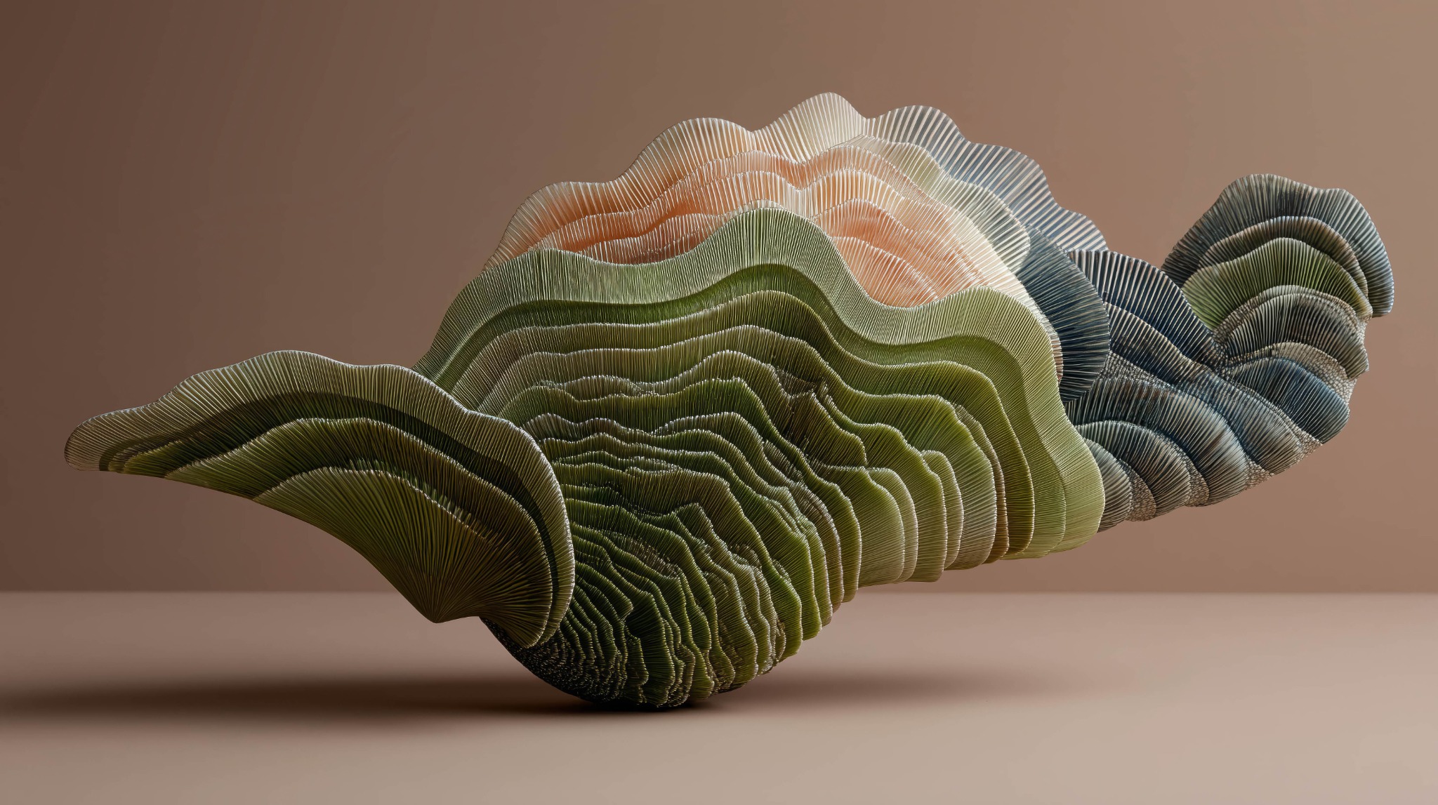 A floating layered organic sculpture in muted olive, cream and rose